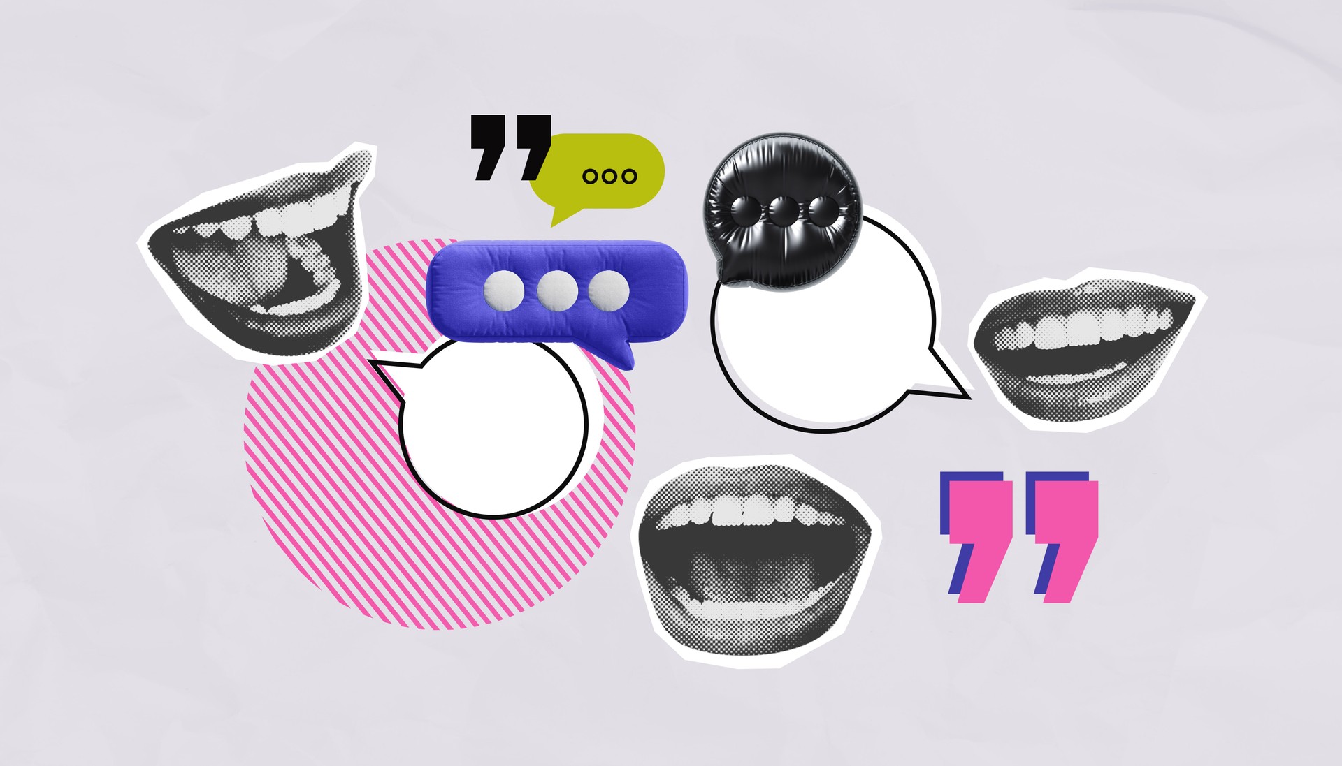 Collage of speech bubbles and halftone mouths on light background concept of dialogue.