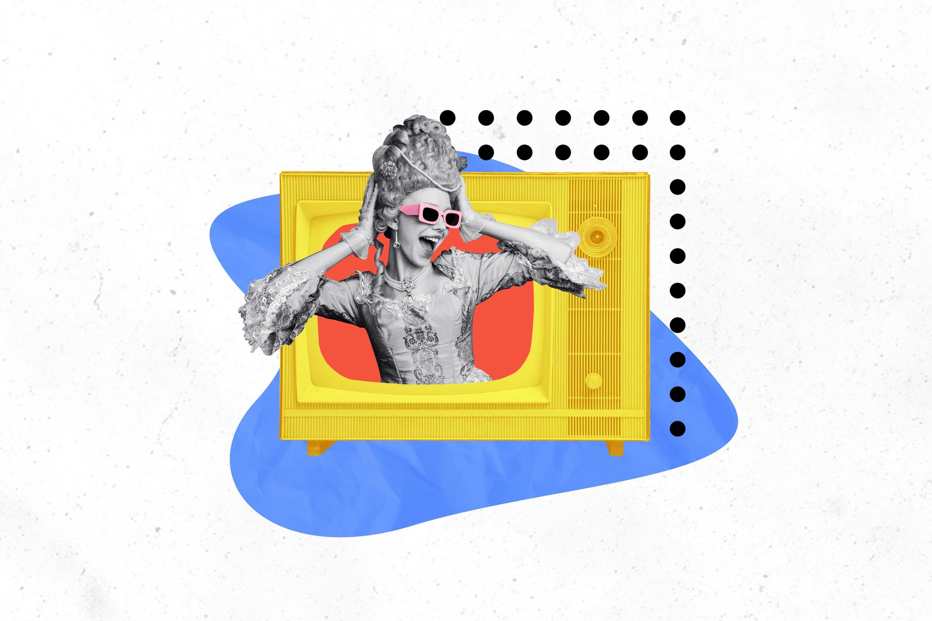 3d sketch poster trend collage image of happy elegant countess girl peek television box broadcast renaissance video wear baroque dress