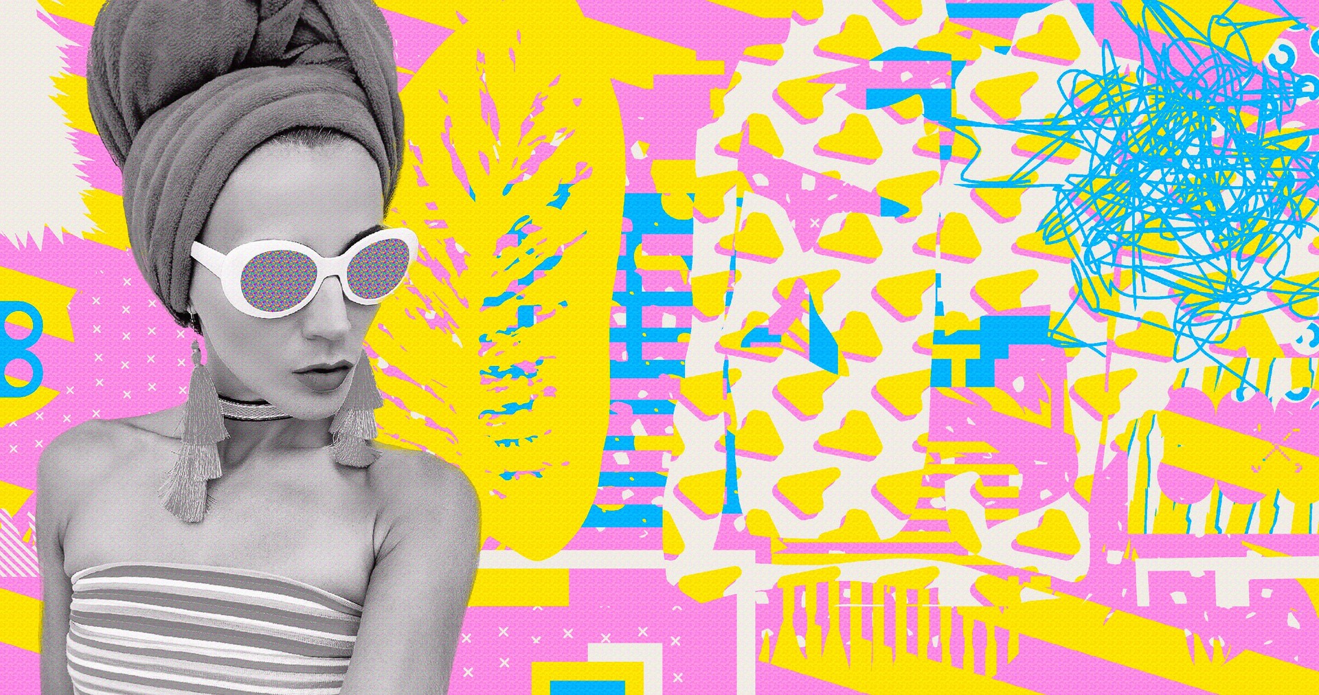 Contemporary digital collage art. Modern design. Fashion vacation lady